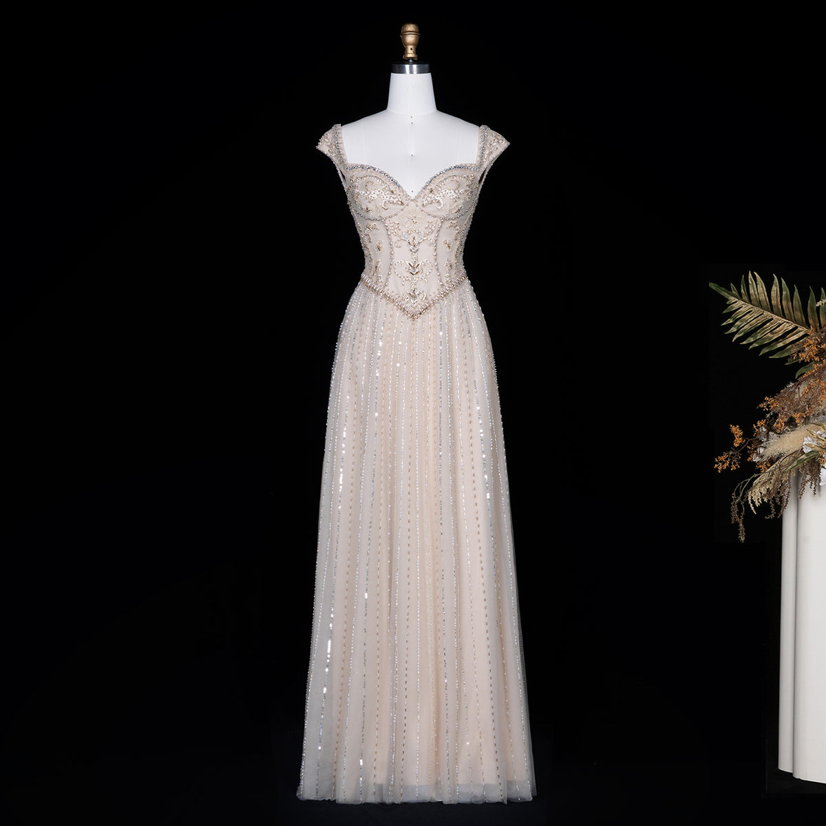 Champagne Sweetheart Crystal Beaded A‑Line Evening Dress