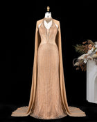 Crystal Beaded Halter Mermaid Evening Dress with Sheer Cape