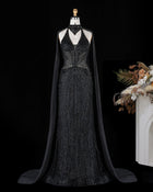 Crystal Beaded Halter Mermaid Evening Dress with Sheer Cape