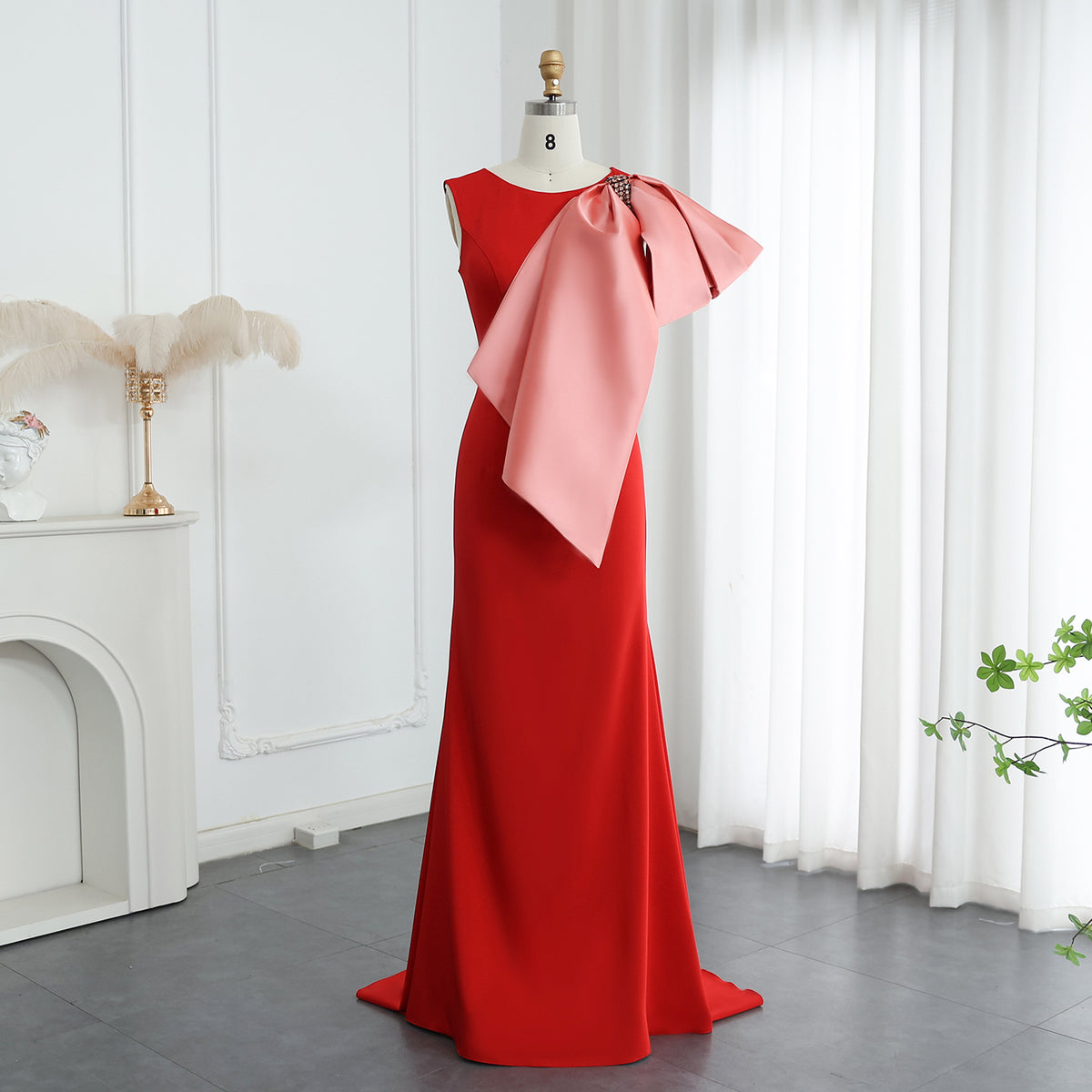Elegant Navy Blue Satin Mermaid Evening Dresses with Lilac Bow SF121
