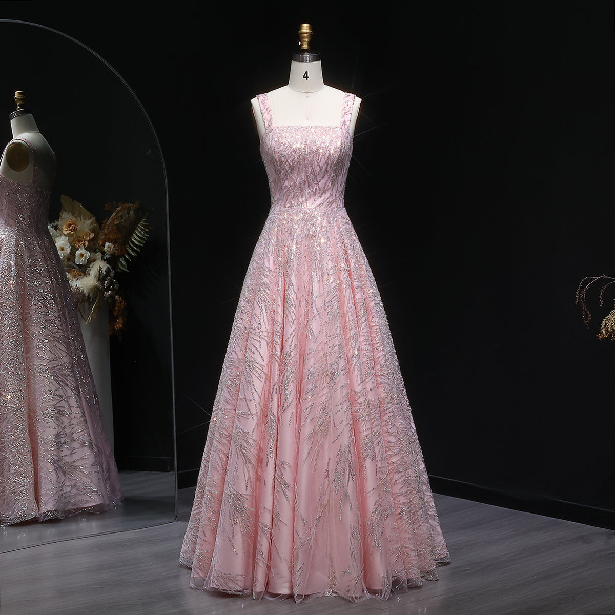 Elegant Pink Beaded Sleeveless Ball Gown Evening Dress SS702