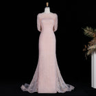 Blush Pink Cape Sequin Beaded Mermaid Tulle Evening Dress