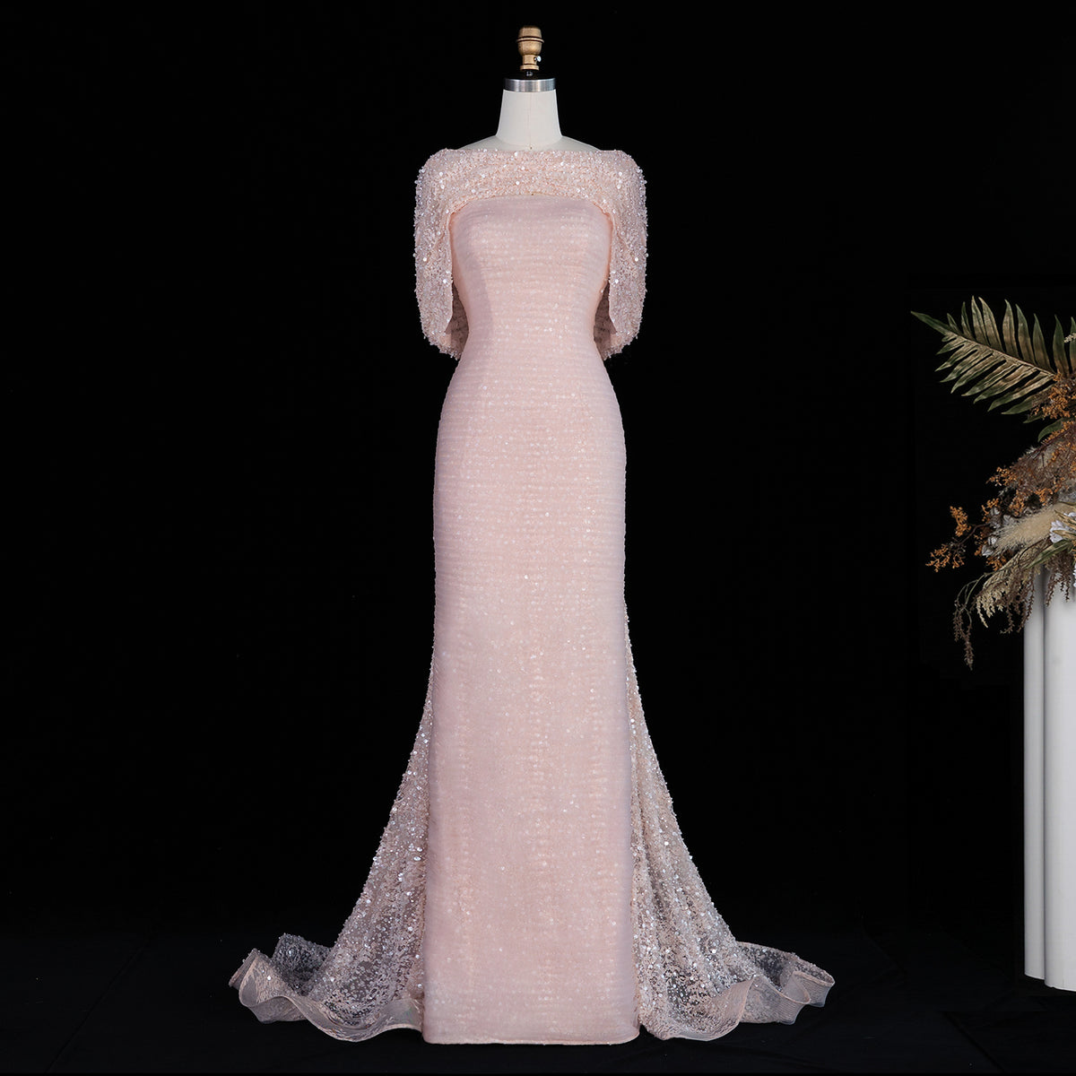 Blush Pink Cape Sequin Beaded Mermaid Tulle Evening Dress