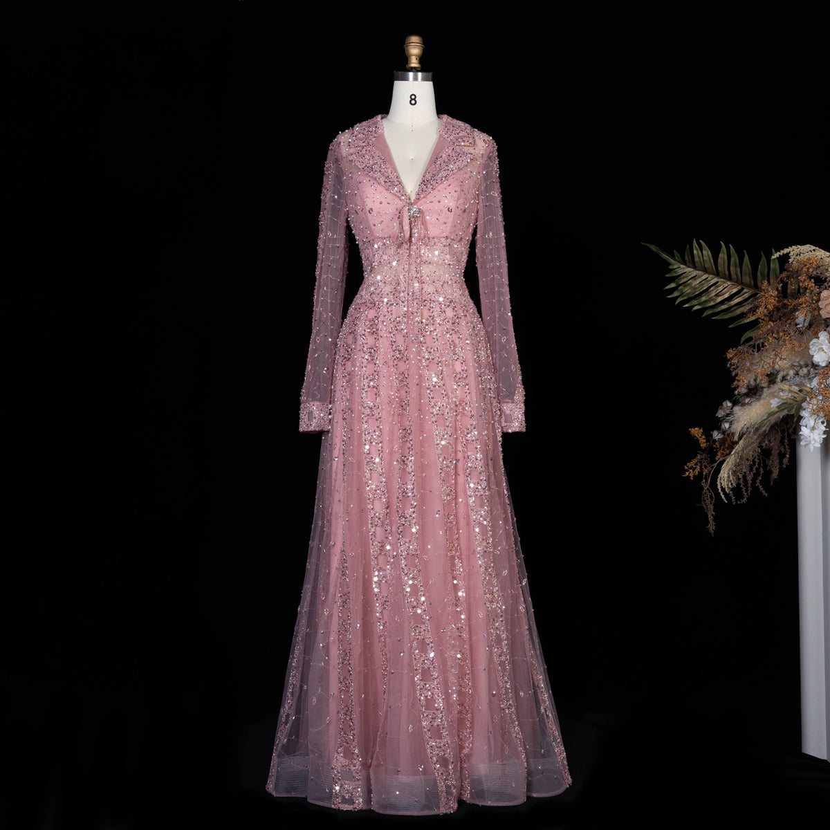 Elegant Champagne Notched Collar Beaded Long Sleeve Evening Dress SS419