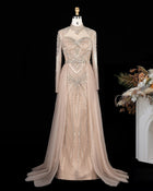 Pink Beaded High Neck Mermaid Evening Dress with Tulle Train SS171