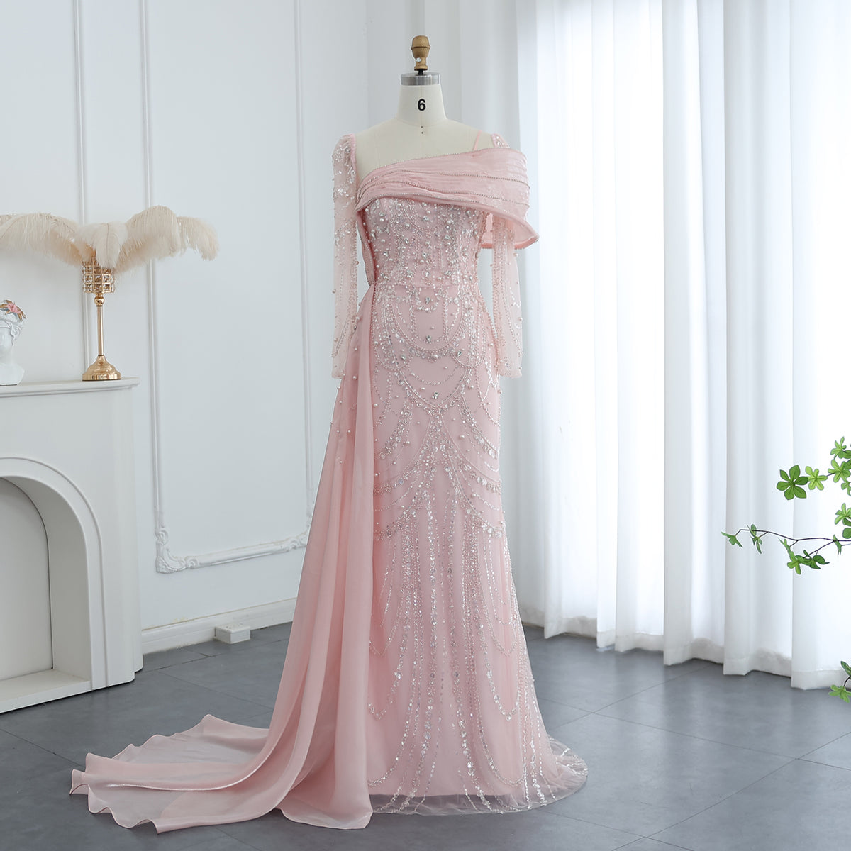 Luxury Nude Crystal Mermaid Long Sleeves Evening Dress with Overskirt SS256