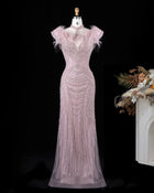Luxury Champagne Halter Feather Mermaid Evening Dress