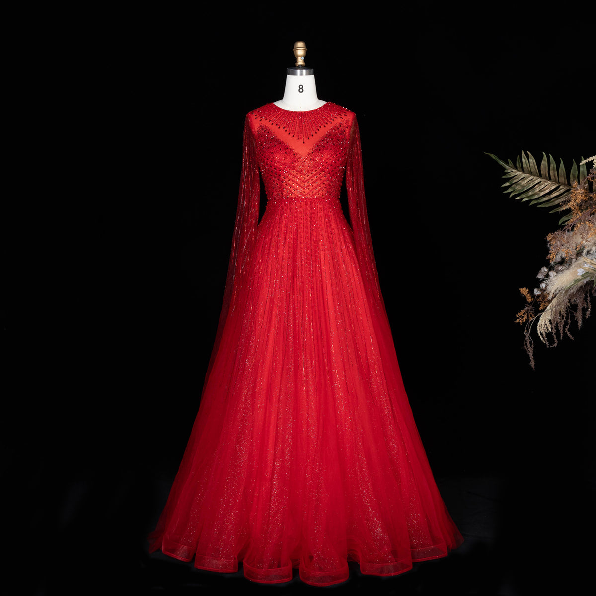 Luxury Pink Illusion Neck Beaded Chiffon Evening Dress with Cape Sleeves SS054