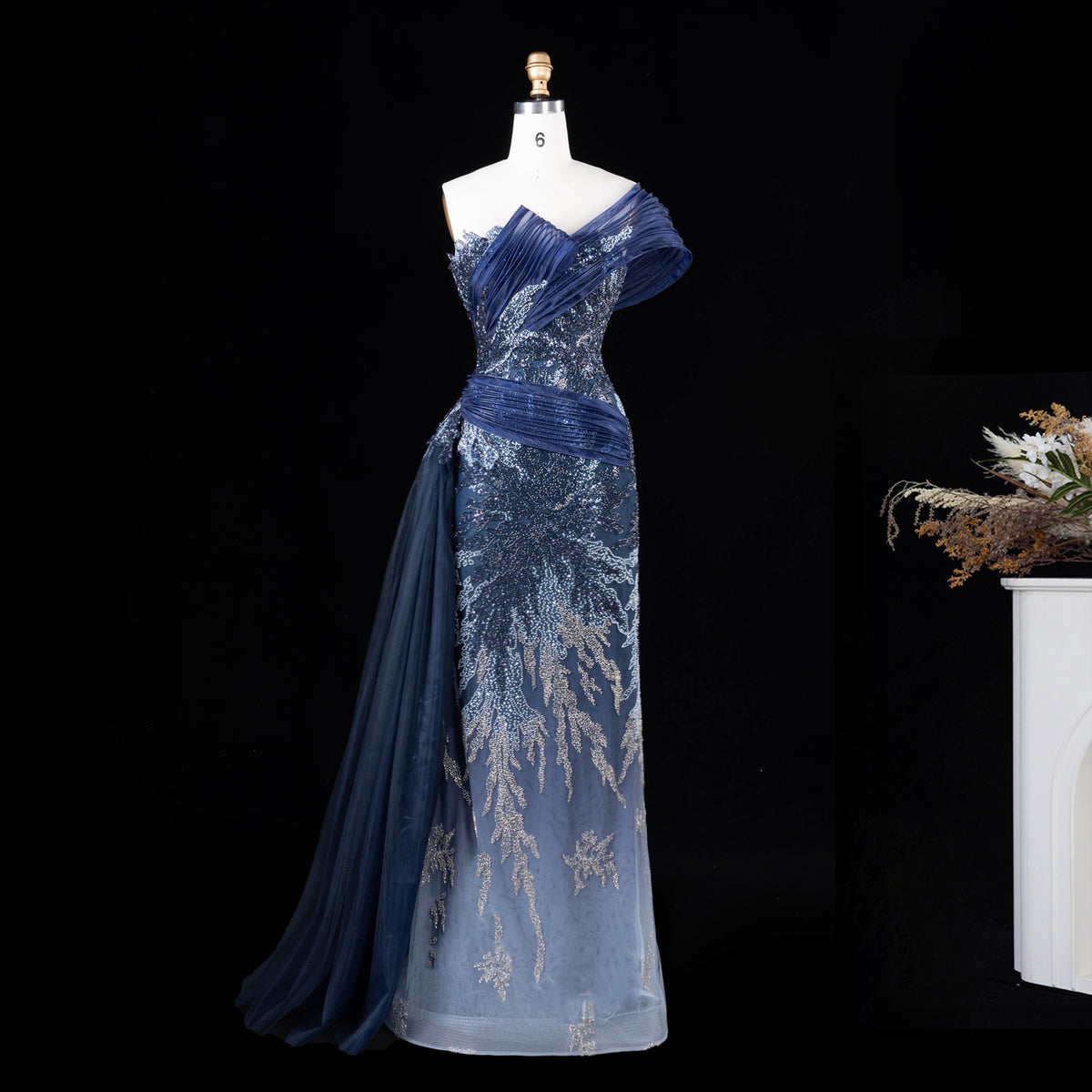Elegant Gradient Blue Draped Beaded Evening Dress with Overskirt SS293