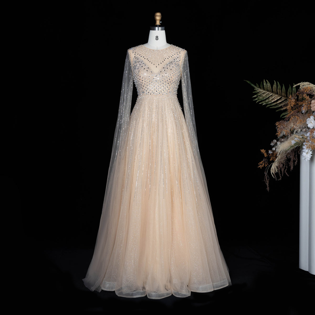 Luxury Pink Illusion Neck Beaded Chiffon Evening Dress with Cape Sleeves SS054