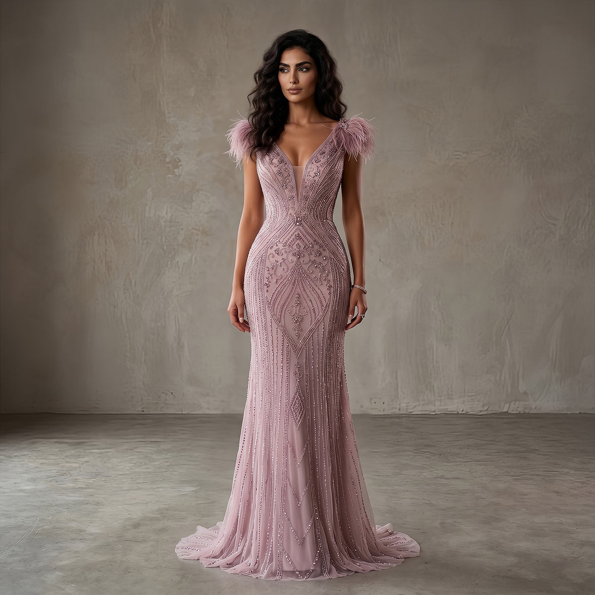 Luxury Pink V-Neck Feather Trim Beaded Mermaid Evening Dress SS122