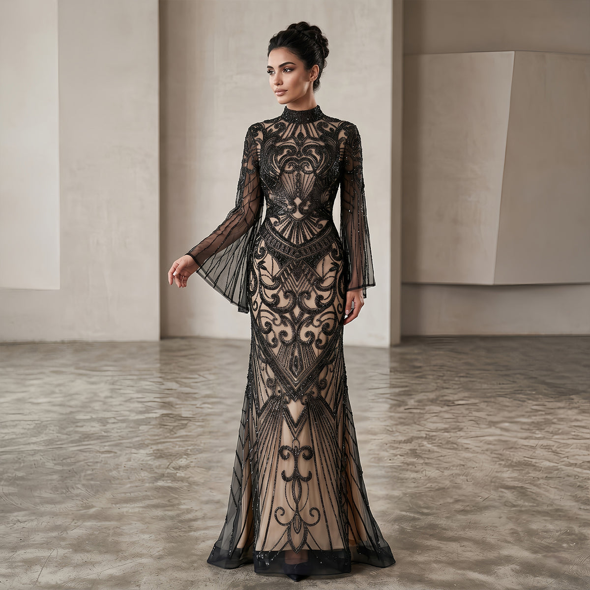 Luxury Black High Neck Beaded Mermaid Evening Dress SS055