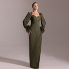 Luxury Feather Fuchsia Long Sleeves Evening Dress with Feathers and Overskirt SF411