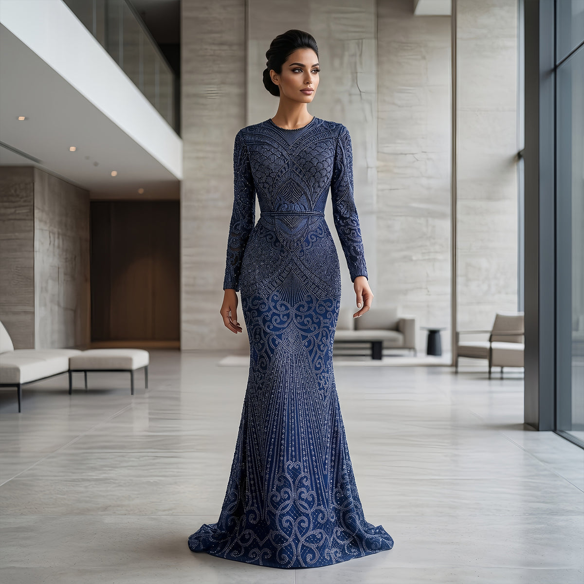 Luxury Dark Green Long Sleeve Beaded Mermaid Evening Dress SS056