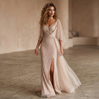 Luxury Champagne V-Neck Beaded Evening Dress with Cape Sleeves SS063