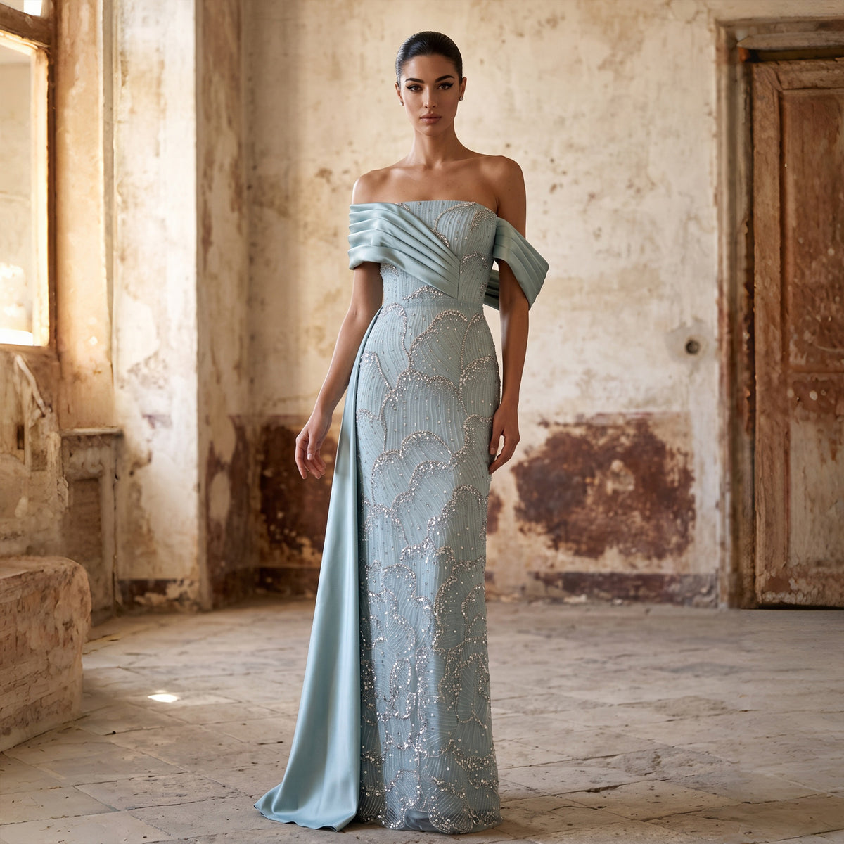 Turquoise Off Shoulder Sideskirt Evening Dress SS670