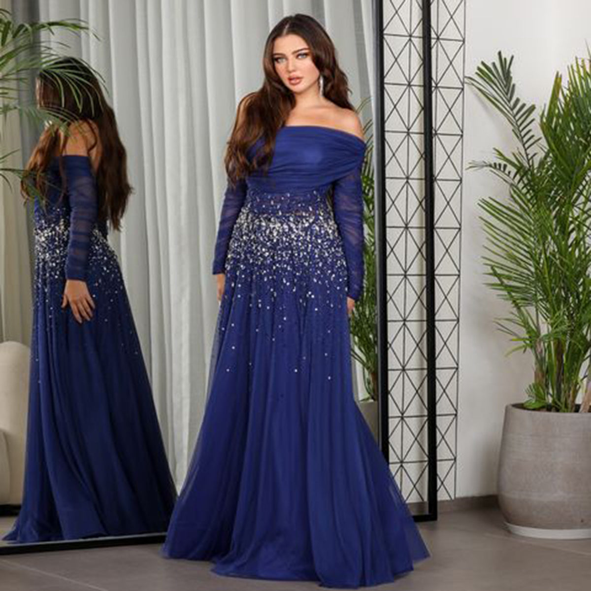 Luxury Crystal Royal Blue Long Sleeves Evening Dress SF333