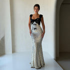 Silver Sequin Mermaid Evening Dress with Black Lace Cape and Bows SF236