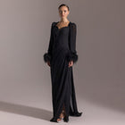 Luxury Feather Fuchsia Long Sleeves Evening Dress with Feathers and Overskirt SF411