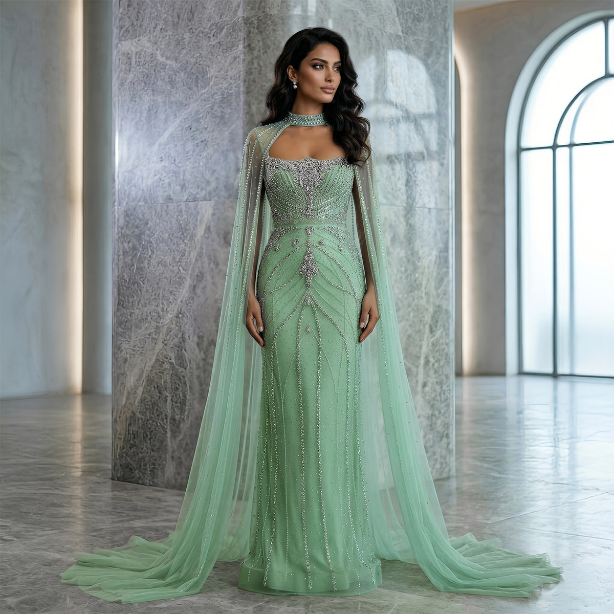 Elegant Champagne Halter Neck Beaded Evening Dress with Cape Sleeve SS131