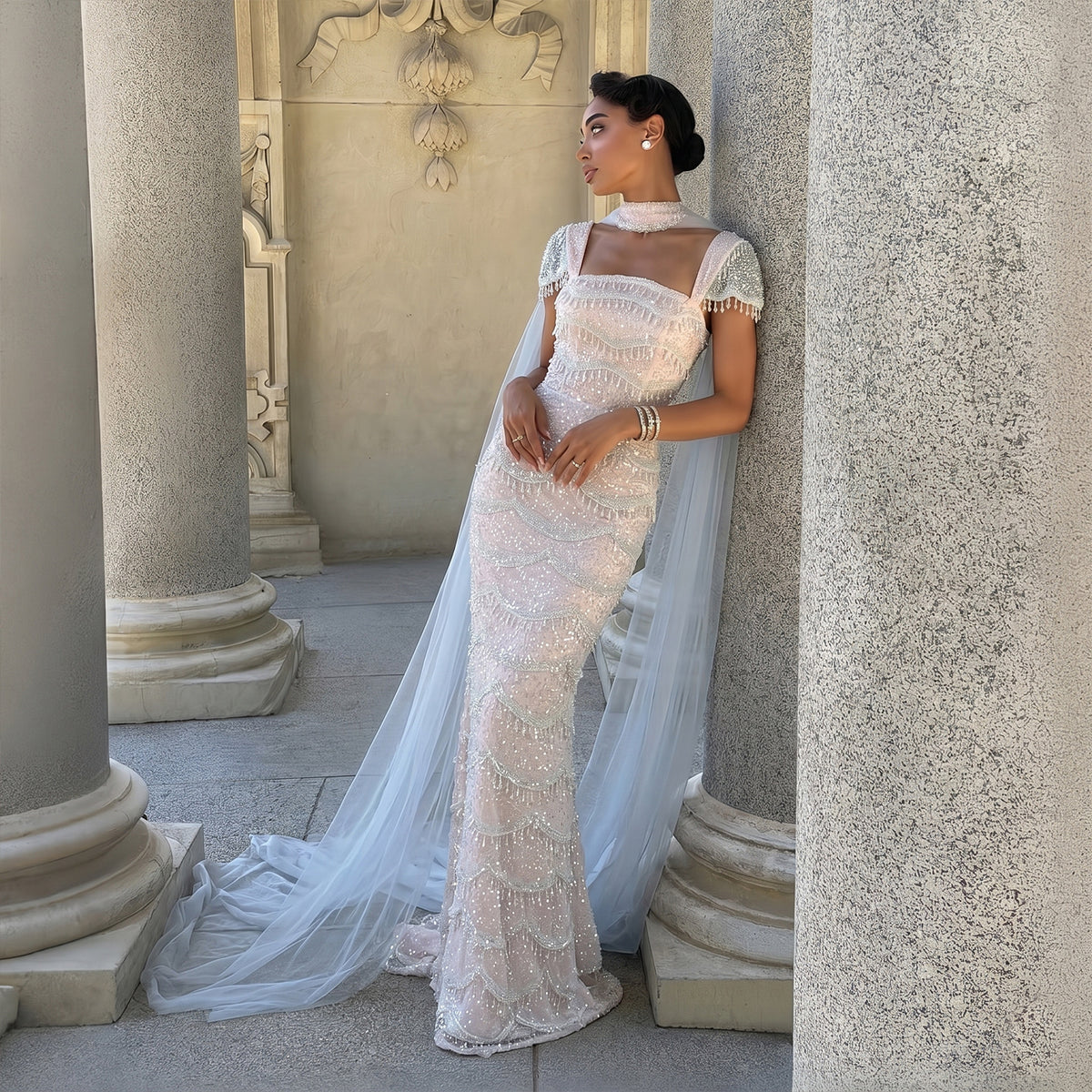 Luxury Gradient White Scale Textured Evening Dress with Scarf SS523