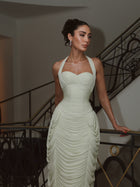 Luxury Sage Green Halter Ruched Fringe Evening Dress