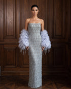 Luxury Silver Gray Beaded Feather Strapless Evening Dress