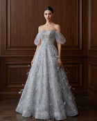Luxury Gray Sweetheart Puff Sleeve Feather Evening Dress