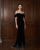 Black Velvet Off Shoulder Bow Beaded Evening Dress