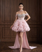 Luxury Pink Off Shoulder Puff Bow Evening Dress