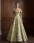 Luxury Gold Off Shoulder Brocade Corset Evening Dress