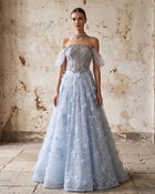 Exquisite Blue Halter Puff Sleeve 3D Floral Evening Dress
