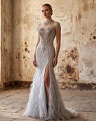 Silver Gray Halter Fringe Ruffled Tulle Evening Dress