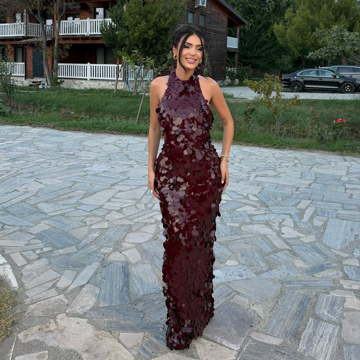 Burgundy Halter Sheath Open Back Sequin Evening Dress SF229