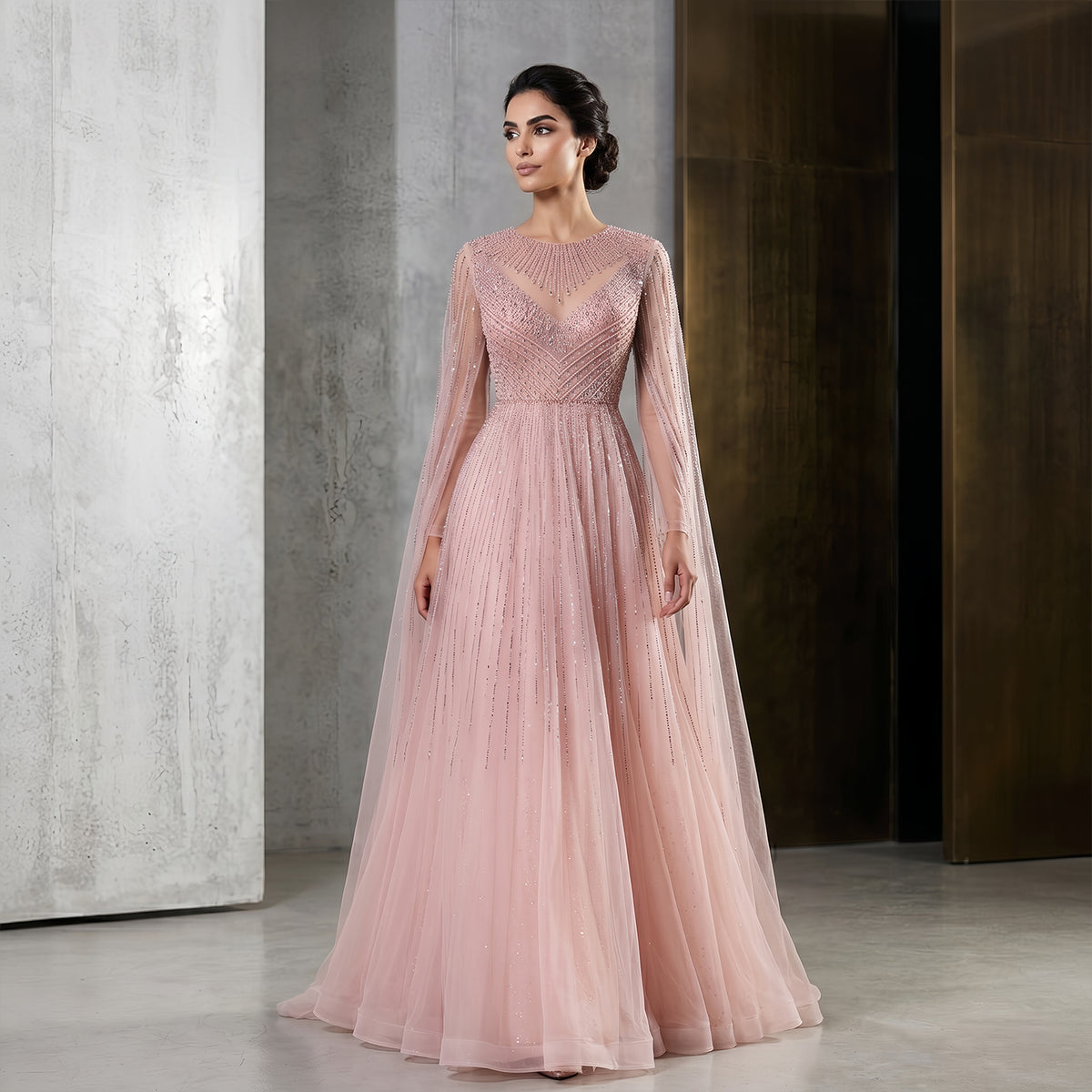 Luxury Pink Illusion Neck Beaded Chiffon Evening Dress with Cape Sleeves SS054