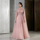 Luxury Pink Illusion Neck Beaded Chiffon Evening Dress with Cape Sleeves SS054