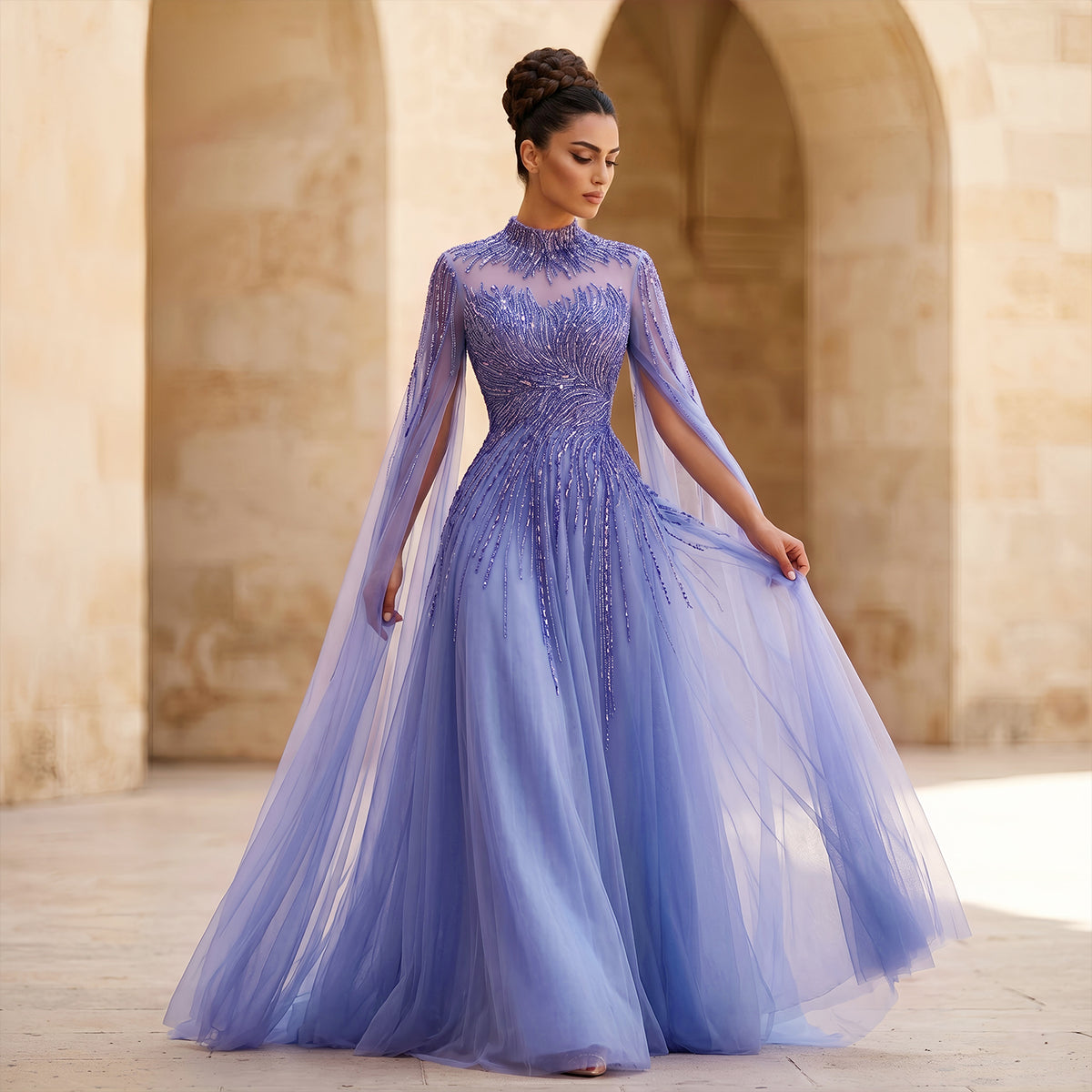 Elegant Blue High Neck Beaded Evening Dress with Cape Sleeve SS134