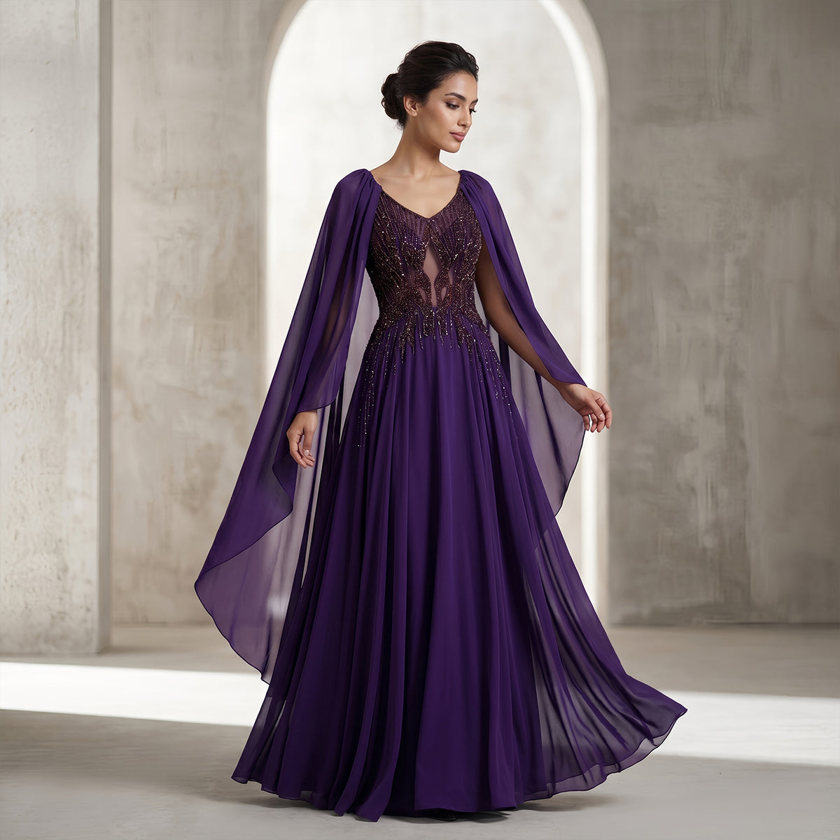 Elegant Purple V-Neck Beaded Chiffon Evening Dress with Cape Sleeves SS053