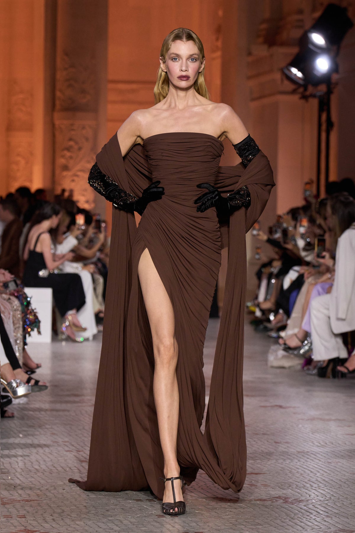 Elegant Brown Strapless Draped Evening Dress with Shawl SF147