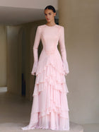 Luxury Pink Crew Long Sleeve Tiered Ruffle Evening Dress