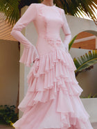 Luxury Pink Crew Long Sleeve Tiered Ruffle Evening Dress