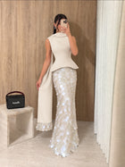 Exquisite Off White Peplum Sequin Evening Dress with Scarf