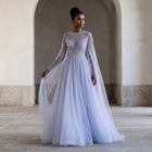 Luxury Pink Illusion Neck Beaded Chiffon Evening Dress with Cape Sleeves SS054
