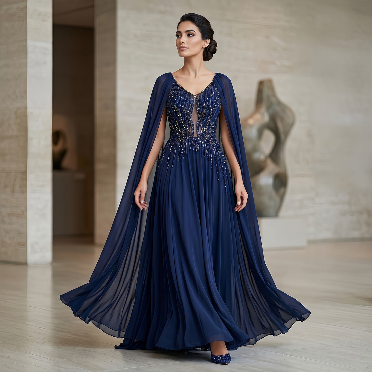 Elegant Purple V-Neck Beaded Chiffon Evening Dress with Cape Sleeves SS053
