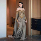 Luxury Gray Crystal Embellished Fitted Evening Dress with Cape SS564