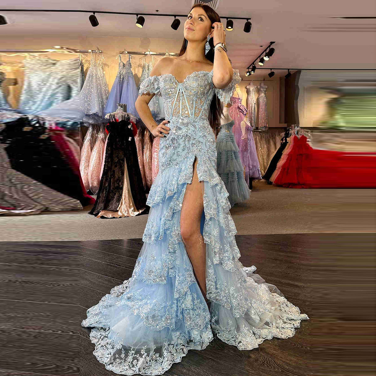 Glamorous Red Layered Ruffle Off-Shoulder Prom Dress SH151
