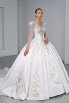 Luxury Satin 3D Floral Embroidery Long Sleeve Wedding Dress SW601