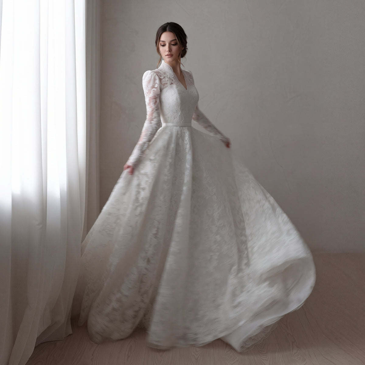 Printed Lace High Neck Wedding Dress with Train SW537