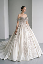 Luxury Ivory Satin Silver Embroidery Ball Gown Wedding Dress SW606