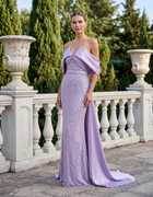 Glamorous Lilac Beaded Off-the-Shoulder Formal Evening Dress SS624